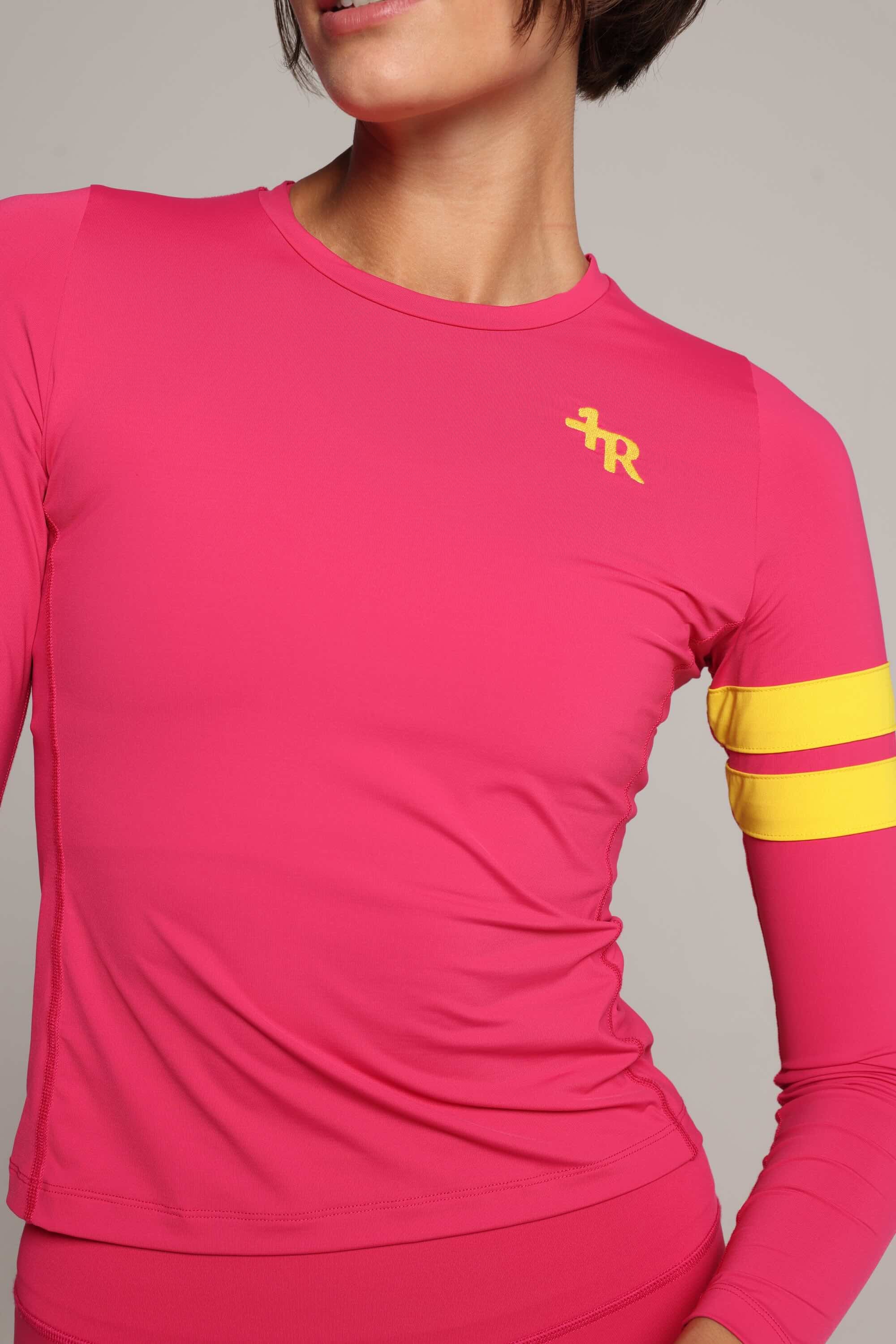 Women wearing pink long sleeve top with yellow stripes by One More Reason, women's activewear indoor set